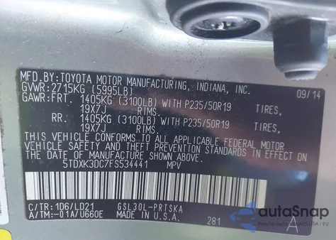 2015 Toyota Sienna Se Premium 8 Passenger from USA, damaged, VIN 5TDXK3DC7FS534441